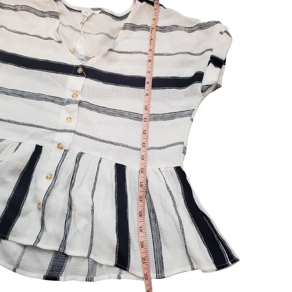 Blu Pepper Striped Peplum Blouse‎ Navy White Button Up Baby Doll Small - Picture 7 of 13